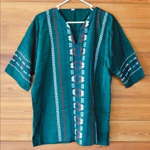 Guatemalan Embroidered Casual Dress Shirt - Dark Green Men’s L